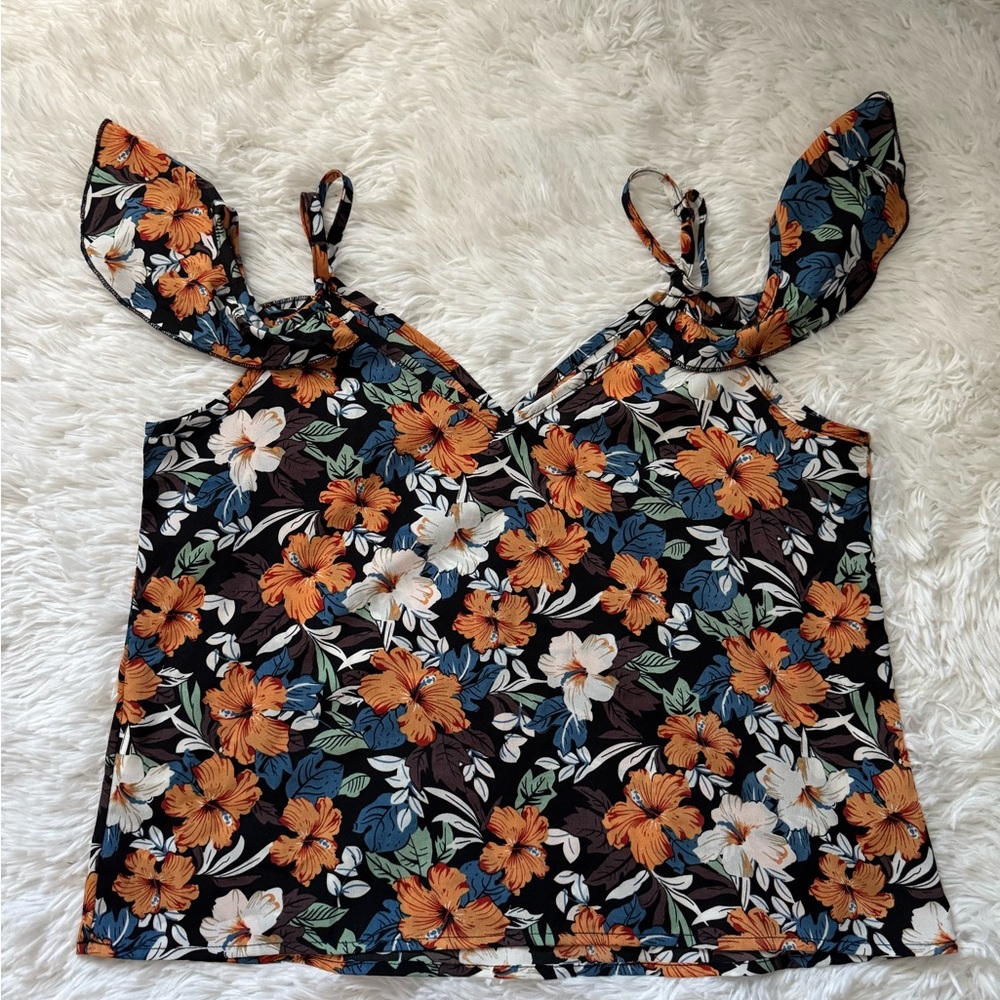 SHEIN Floral Print Blouse - Black and Orange